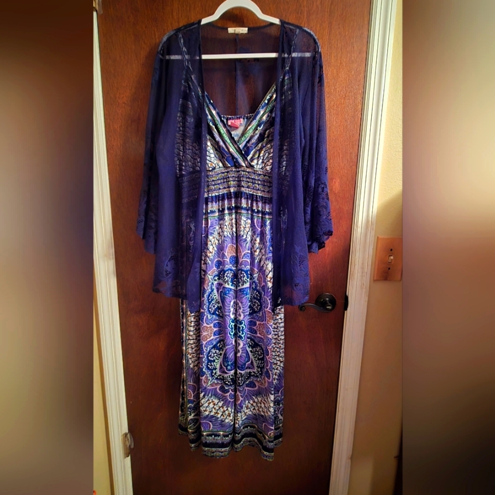 Elegant Blue She's Cool Patterned Dress with Sheer Loralette Overlay